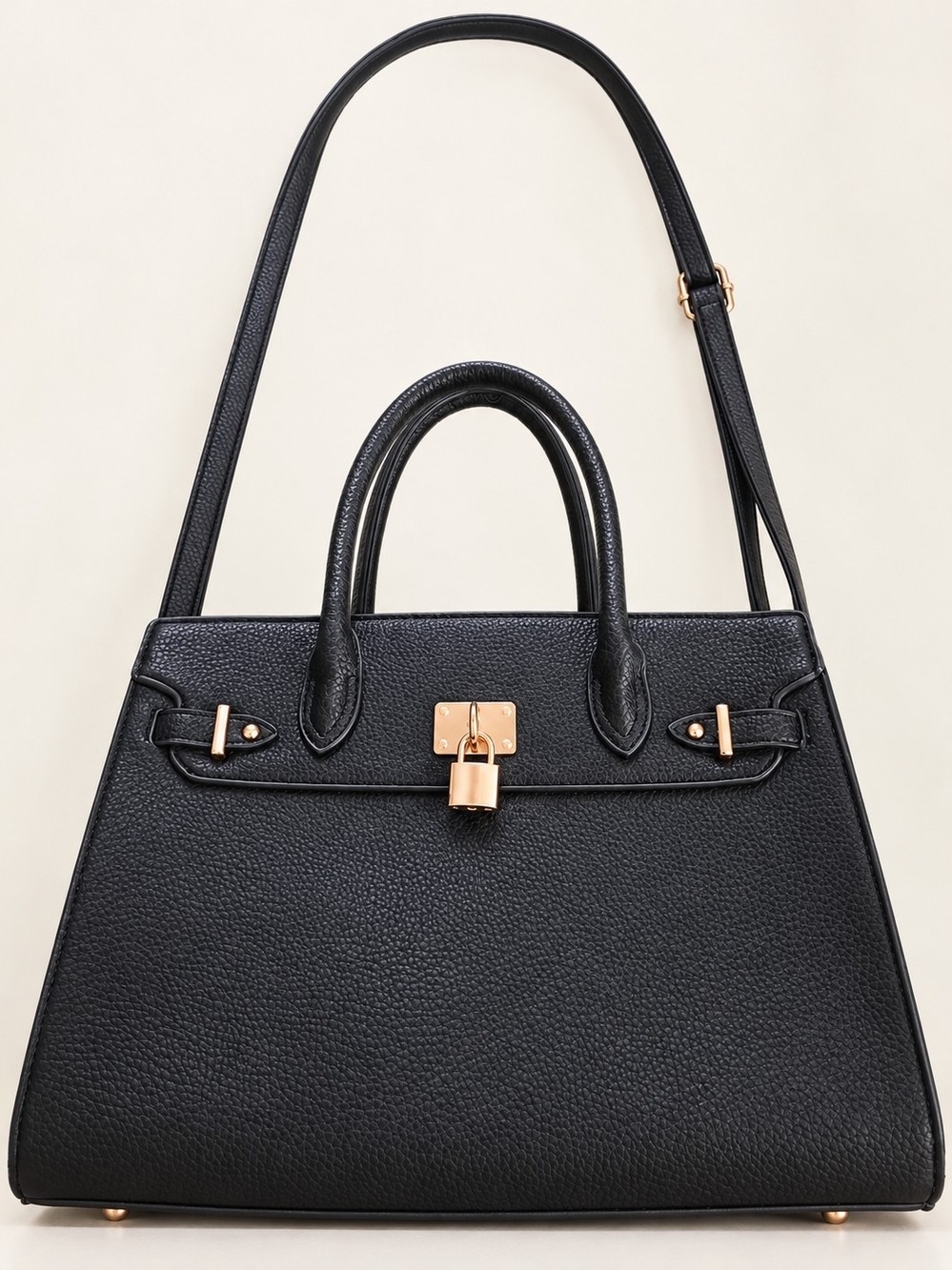 Black Structured Satchel Handbag w/ Rose Gold Hardware + Shoulder Strap